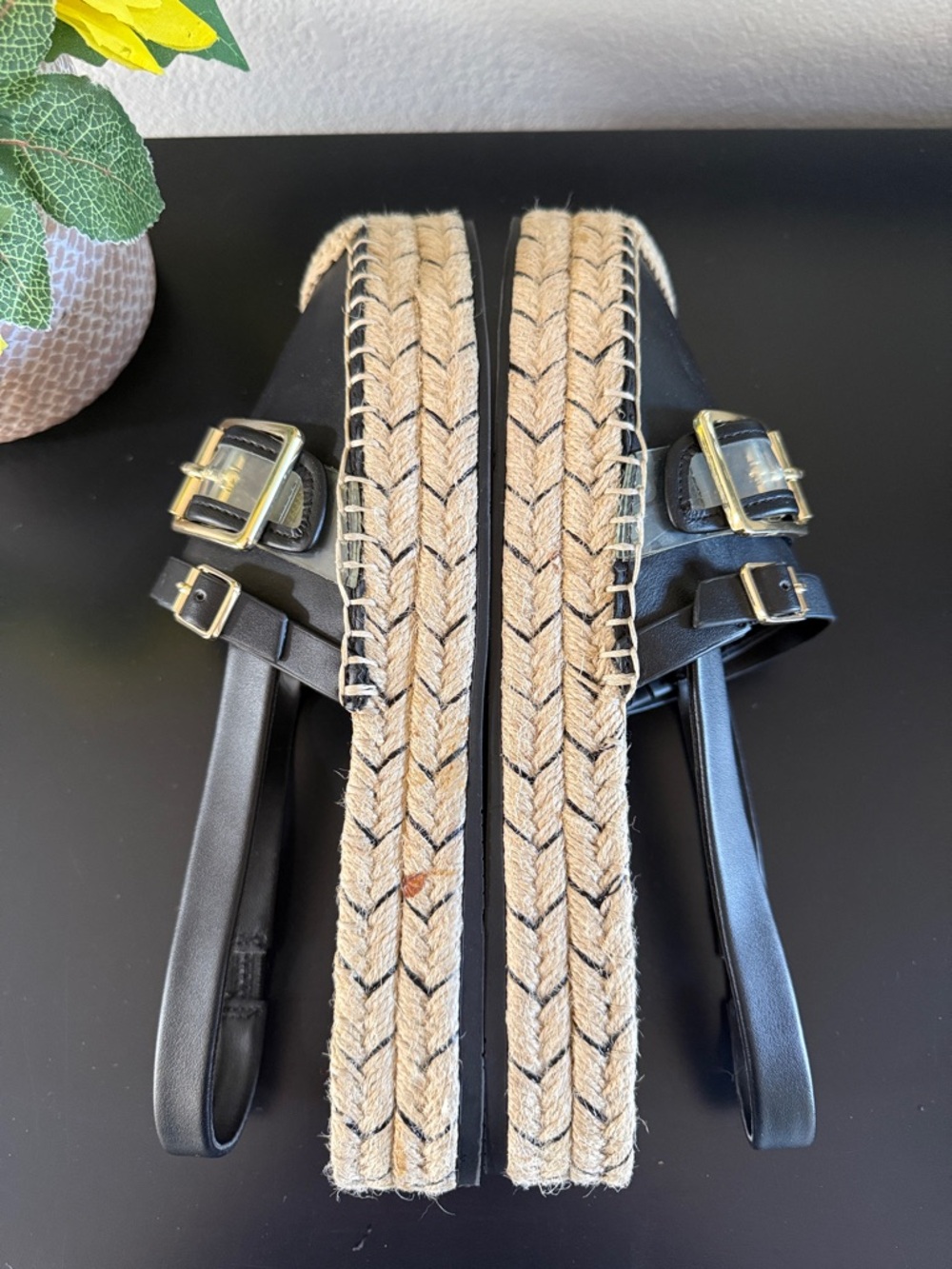 Karl Lagerfeld Black Espadrille Slingback Sandals with Gold Buckle - Picture 9 of 10